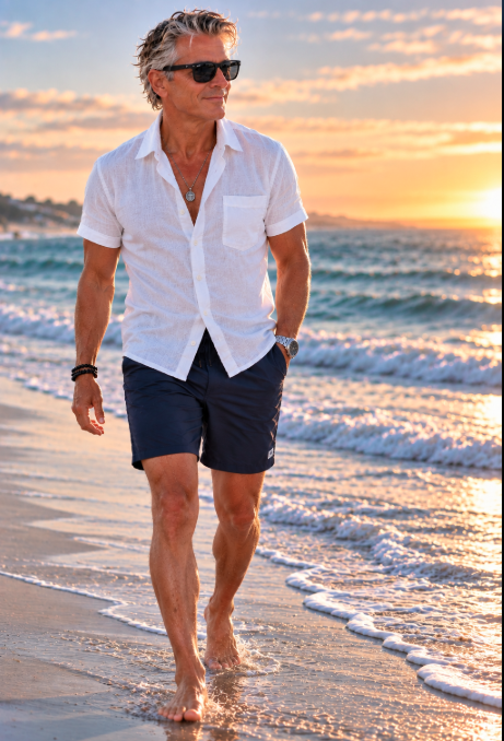 Michael walking along the Florida coast at sunset